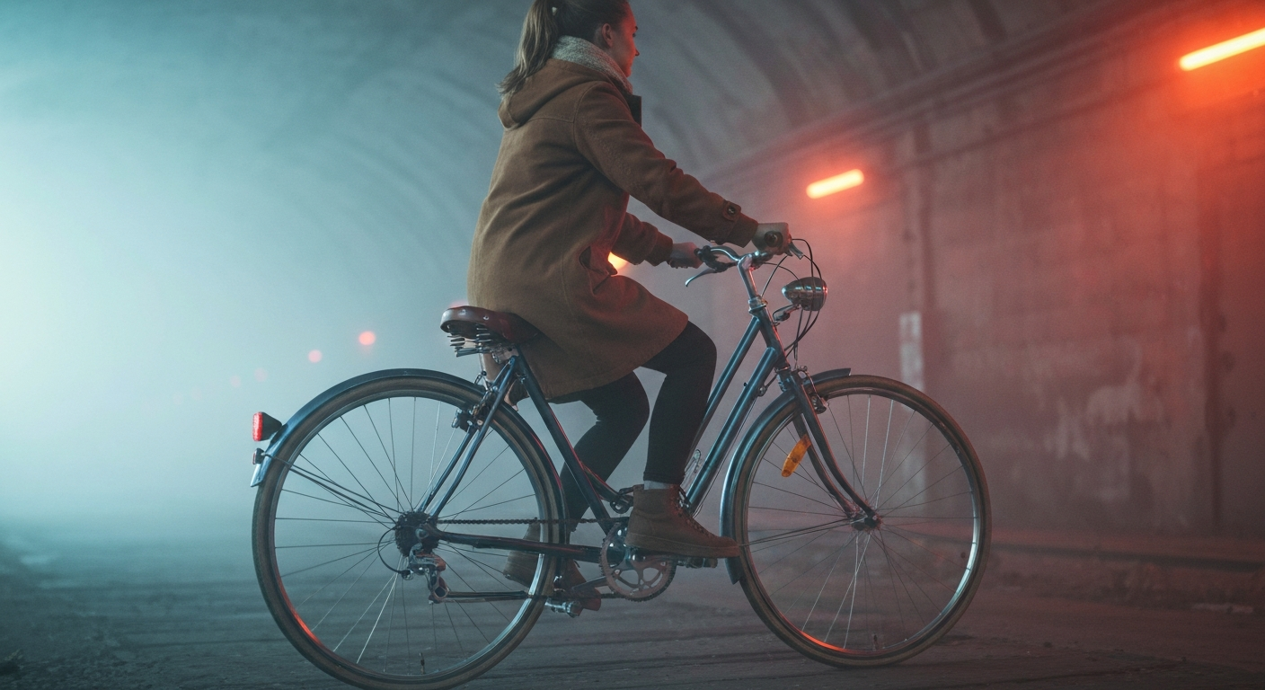 Cycliste roulant de nuit avec éclairage puissant sur piste cyclable mouillée